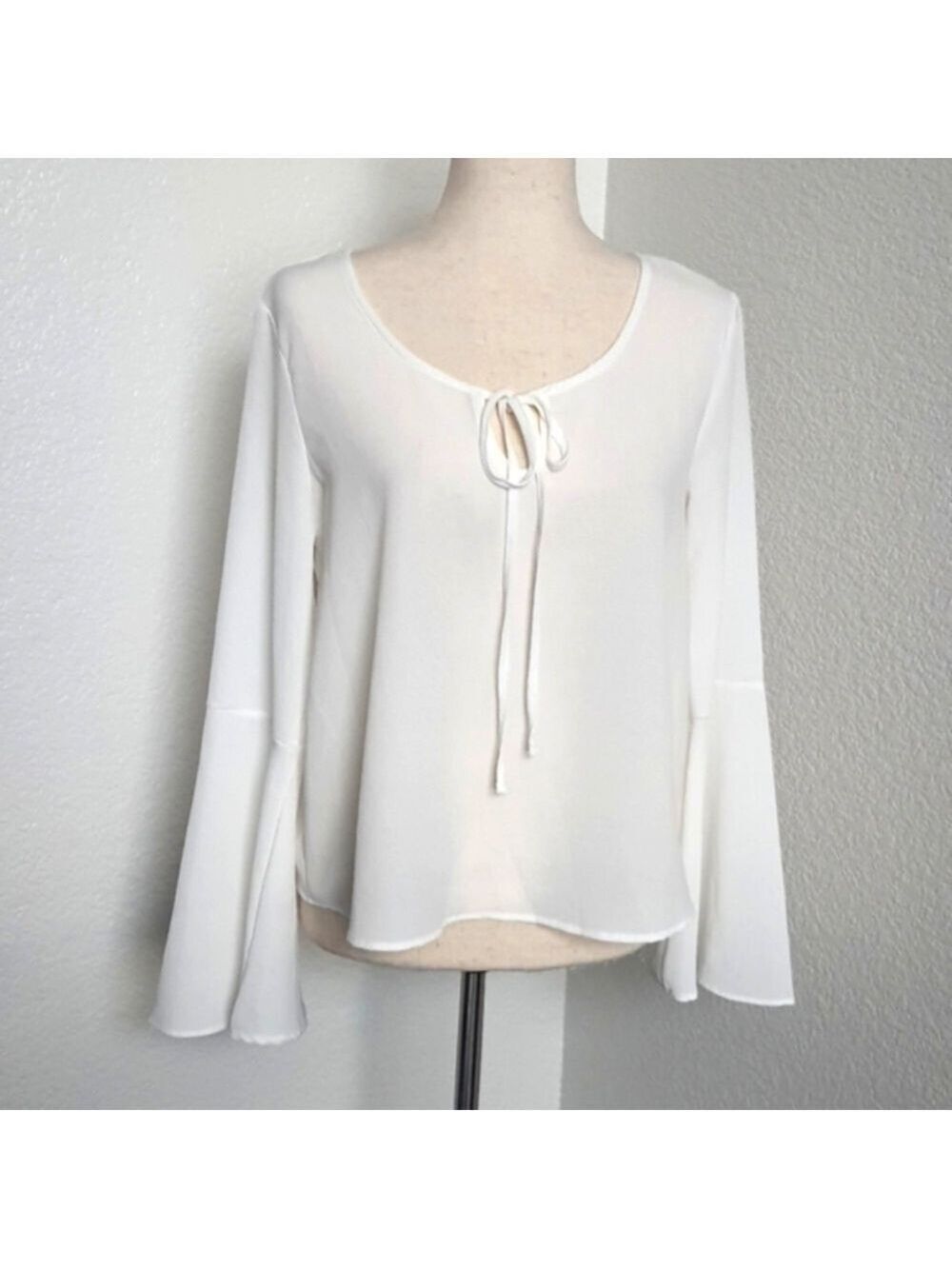 Polly & Esther Sheer Bell Sleeve Top Keyhole Tie Relaxed Fit Boho White